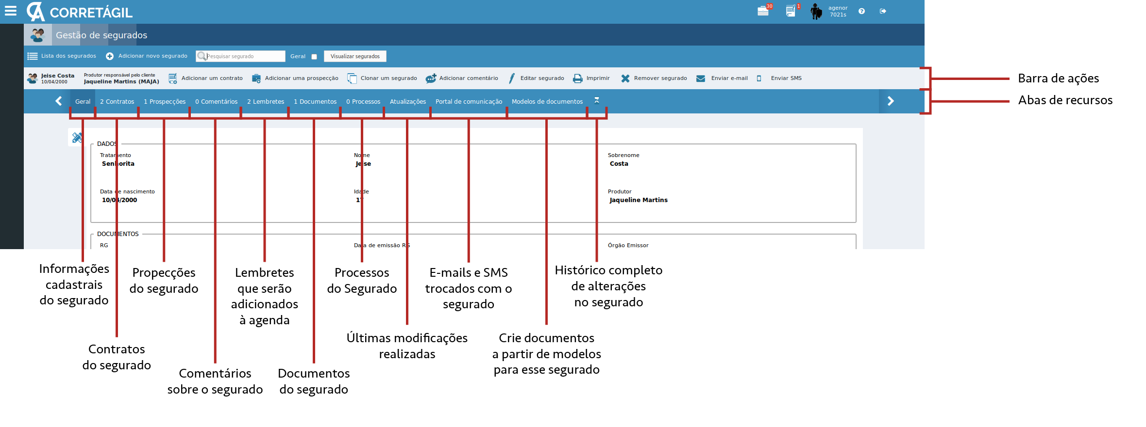 explanação das abas e barras de ferramentas em um cadastro de segurado
