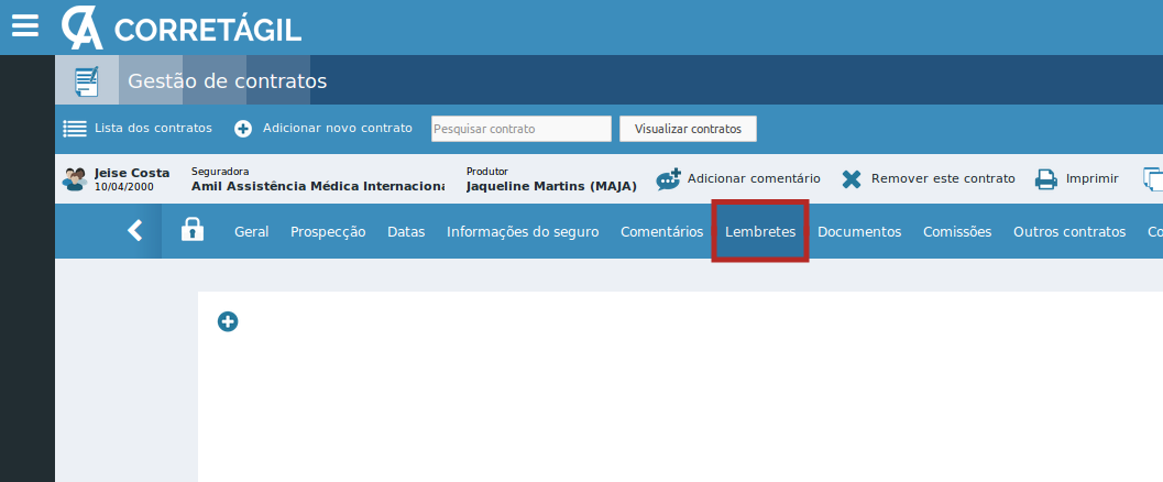 Aba lembretes acesada em um contrato no software Corretágil para corretoras de seguros