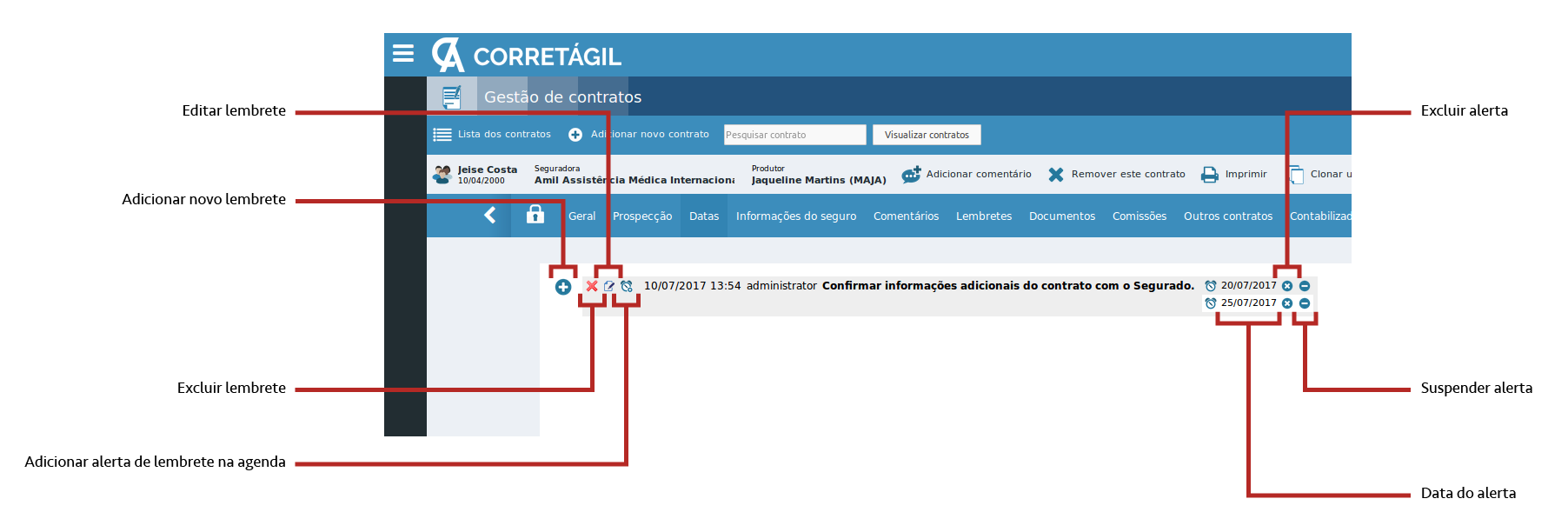 Diagrama explicado as ações possíveis na aba lembretes de um contrato de seguro